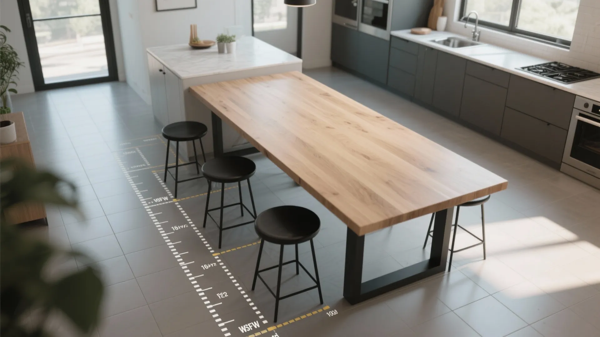 Modern kitchen with wood breakfast bar attached to marble island and black stools for seating