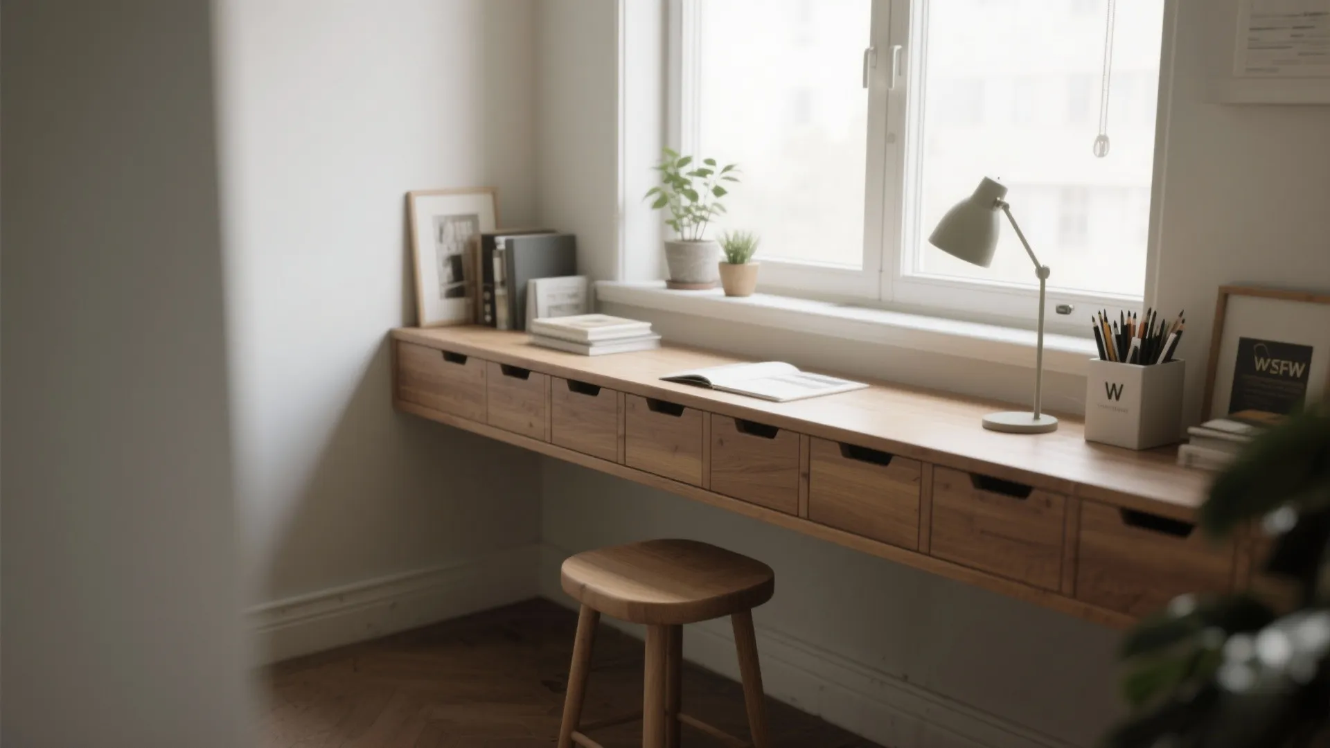 Long wooden floating desk with multiple drawers placed under a bright window in home office