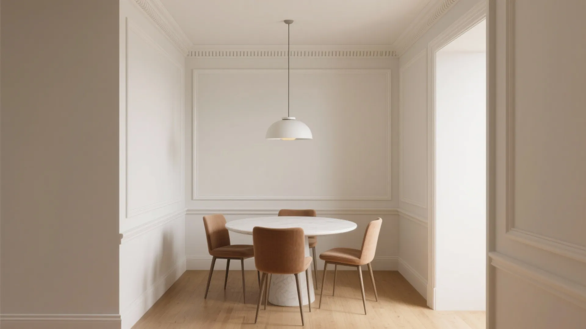 Compact dining nook with a narrow crown moulding and thin ceiling bead, showing neat miters and proportions.