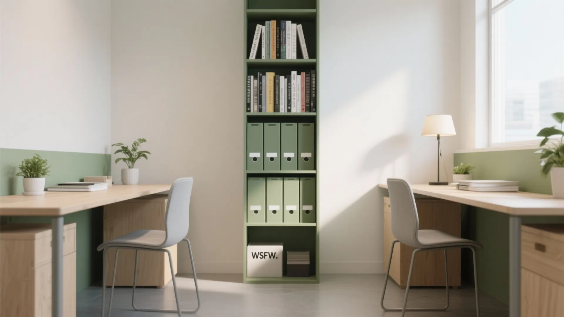 3. Narrow Desks + Shared Storage