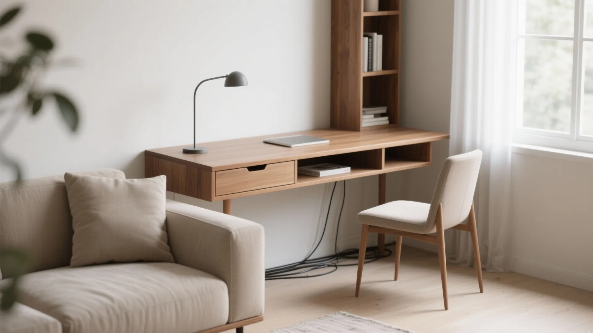 1. Narrow floating desk behind the sofa