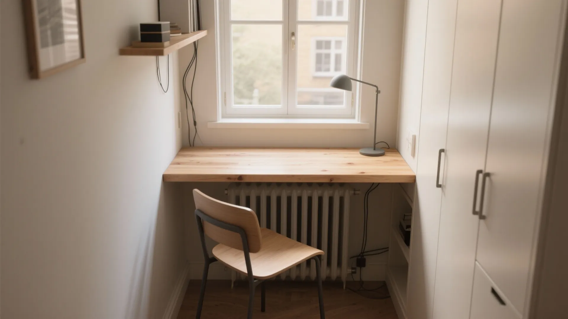 Small home office with a narrow wood desk under a window and a wooden chair