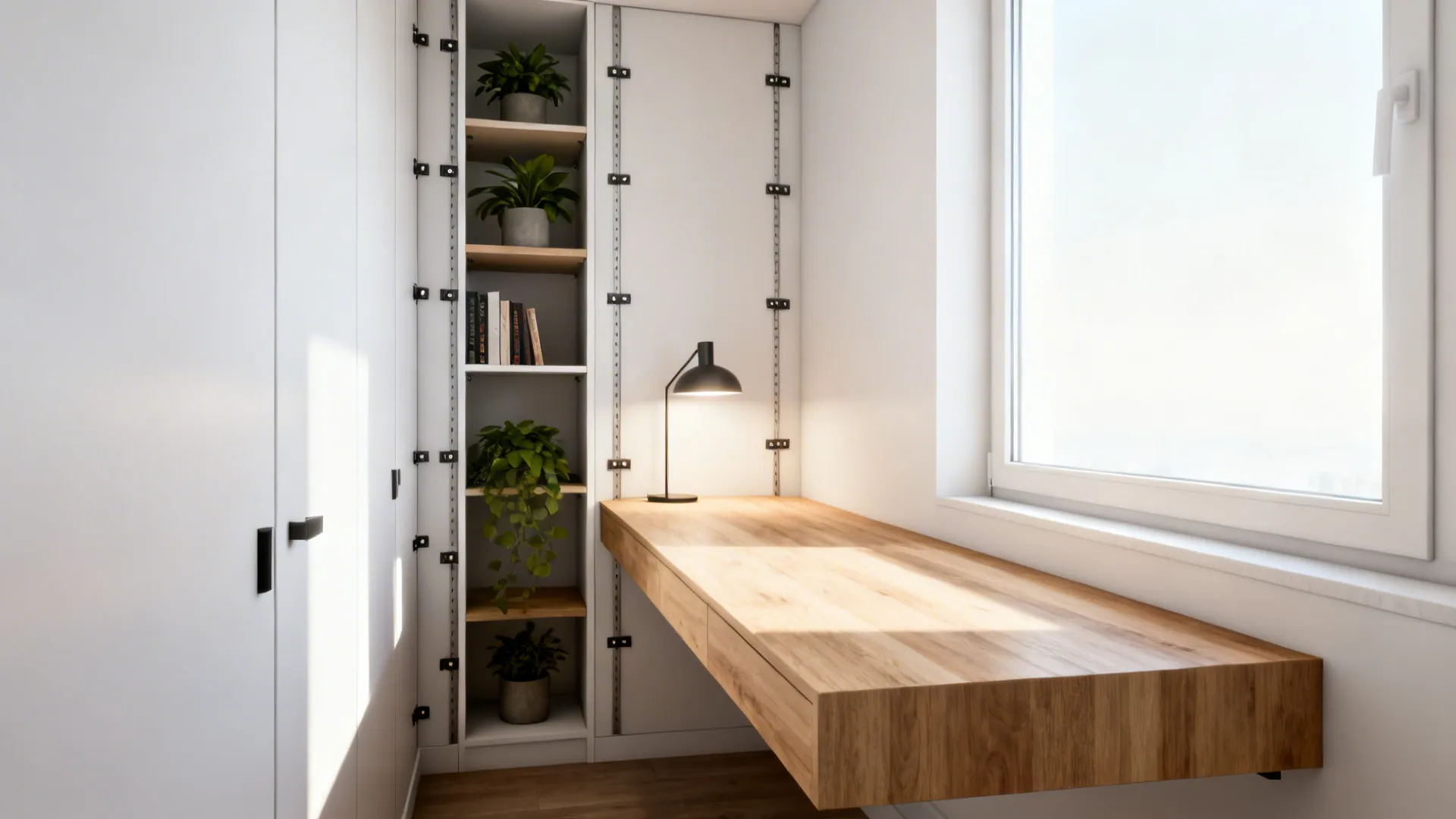 2. Narrow Desk with Vertical Shelving
