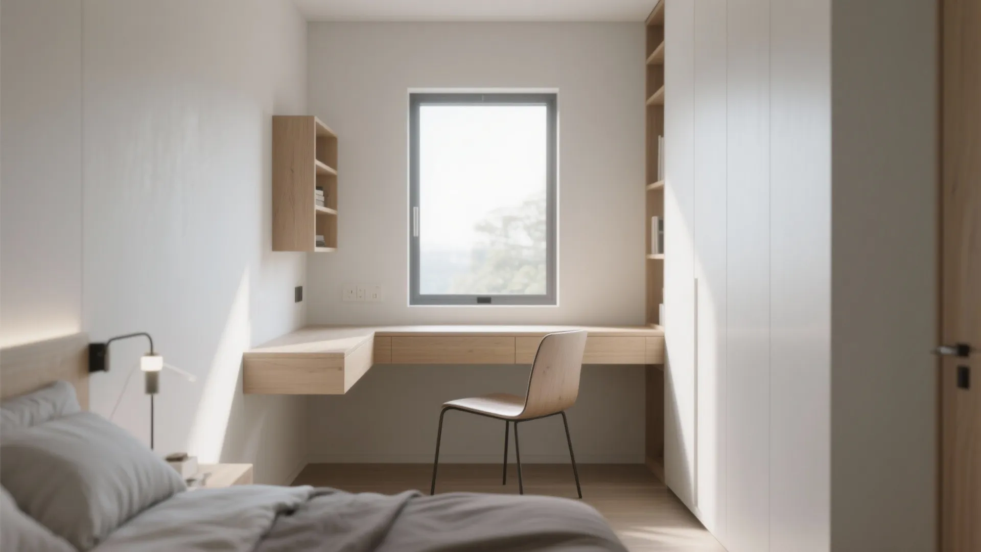 Narrow wooden desk under a bright bedroom window with a chair, wall shelves, and walls