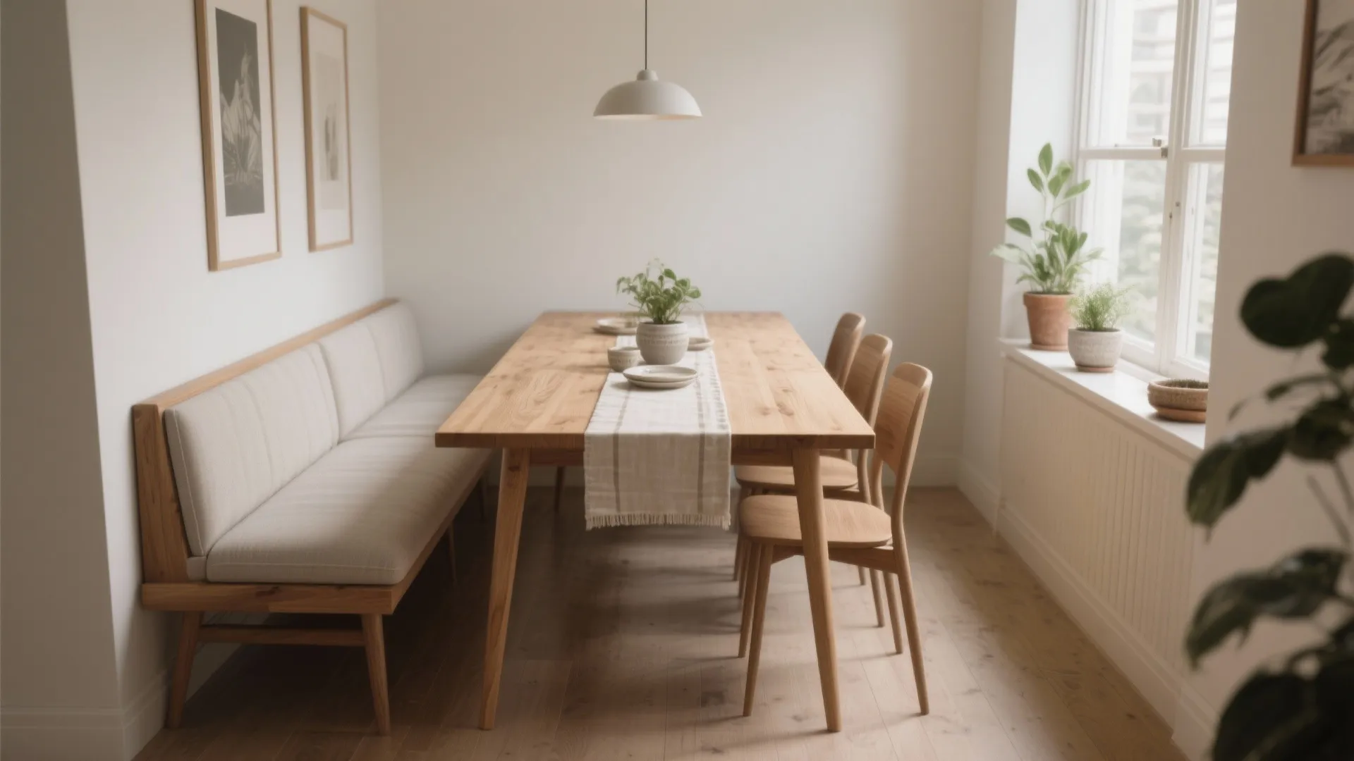 Long wooden dining table with upholstered bench and chairs in a minimalist bright white room