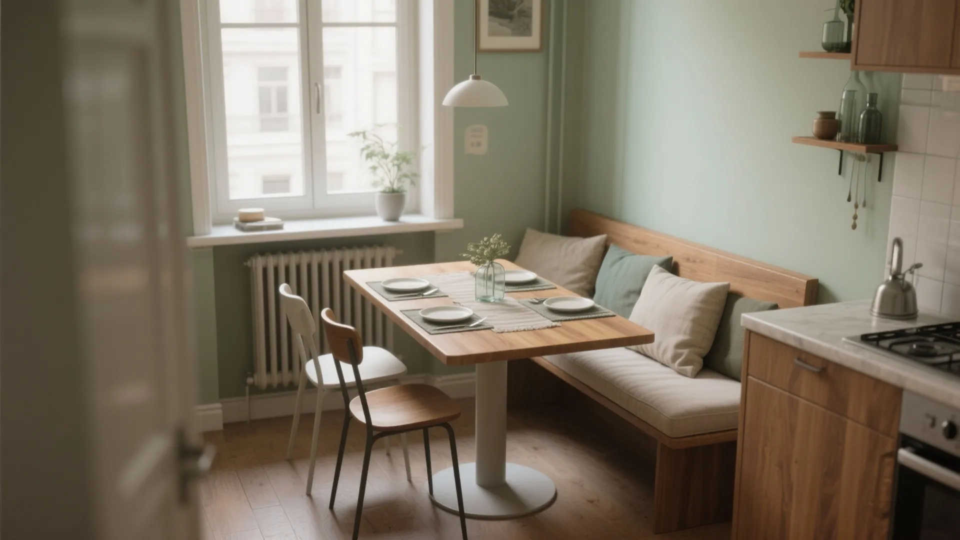 Small dining area with light green walls wooden table bench seating and white ceiling light