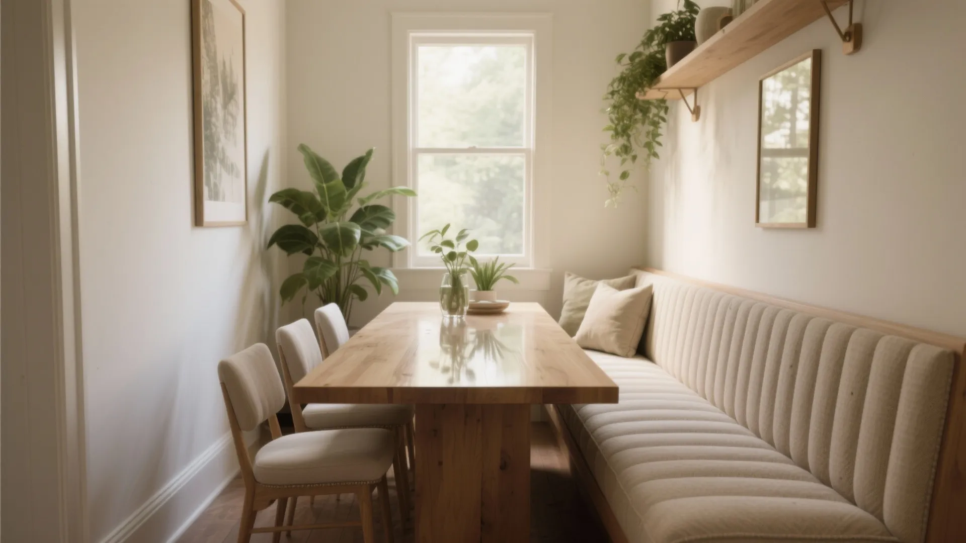 Narrow dining room featuring long wooden table with padded wall bench and chairs near bright window