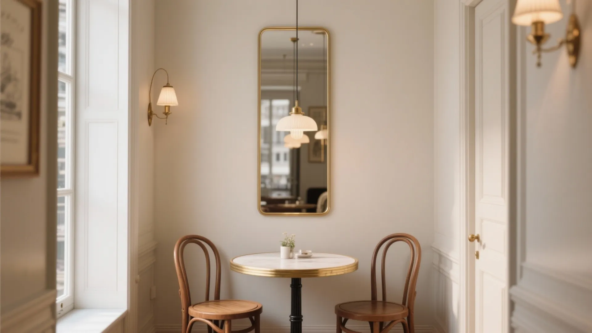 Elegant small dining space featuring marble table two wooden chairs gold mirror and wall light