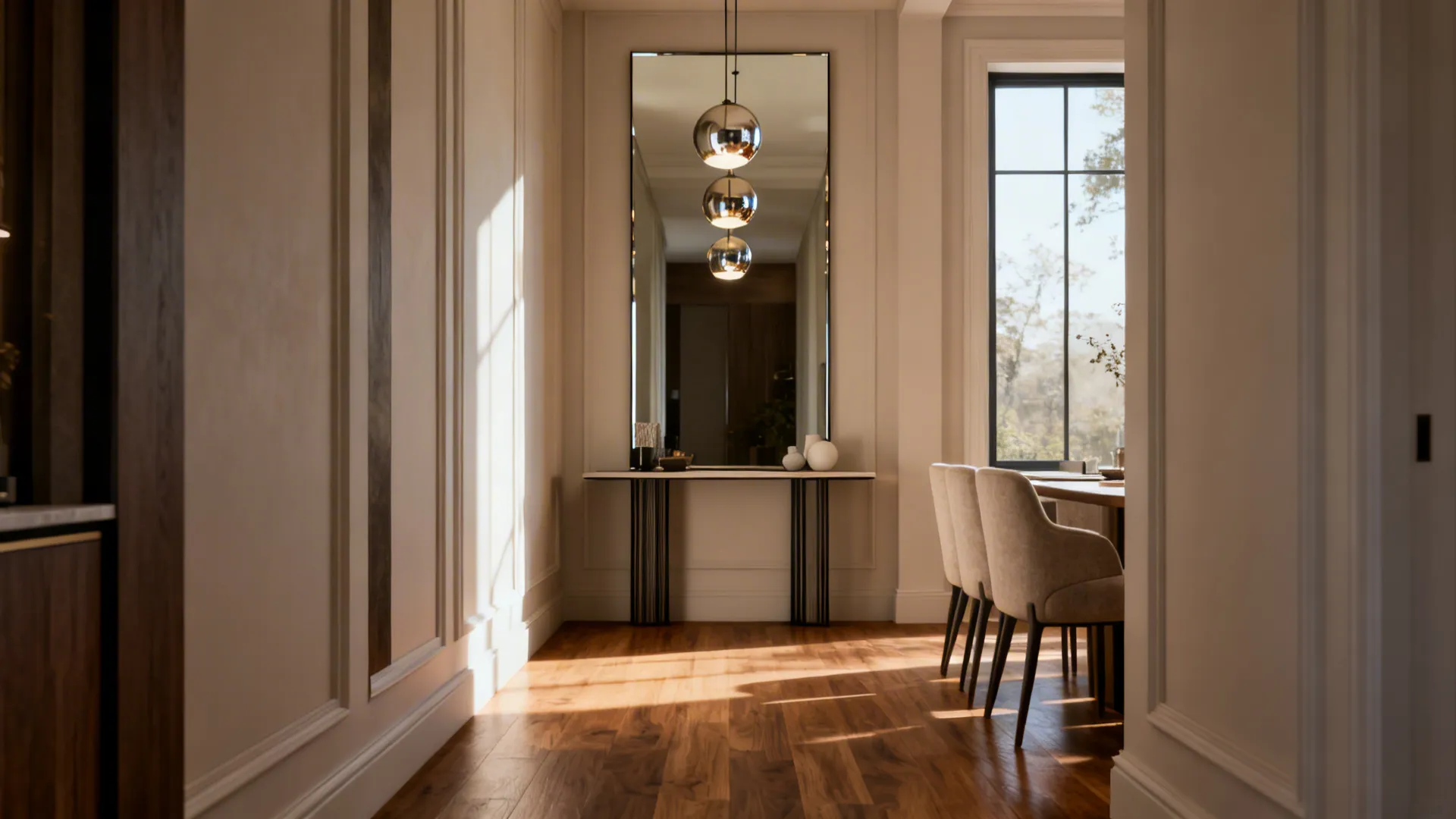 Large vertical mirror reflecting globe ceiling lights in a hallway with wooden floors and beige walls