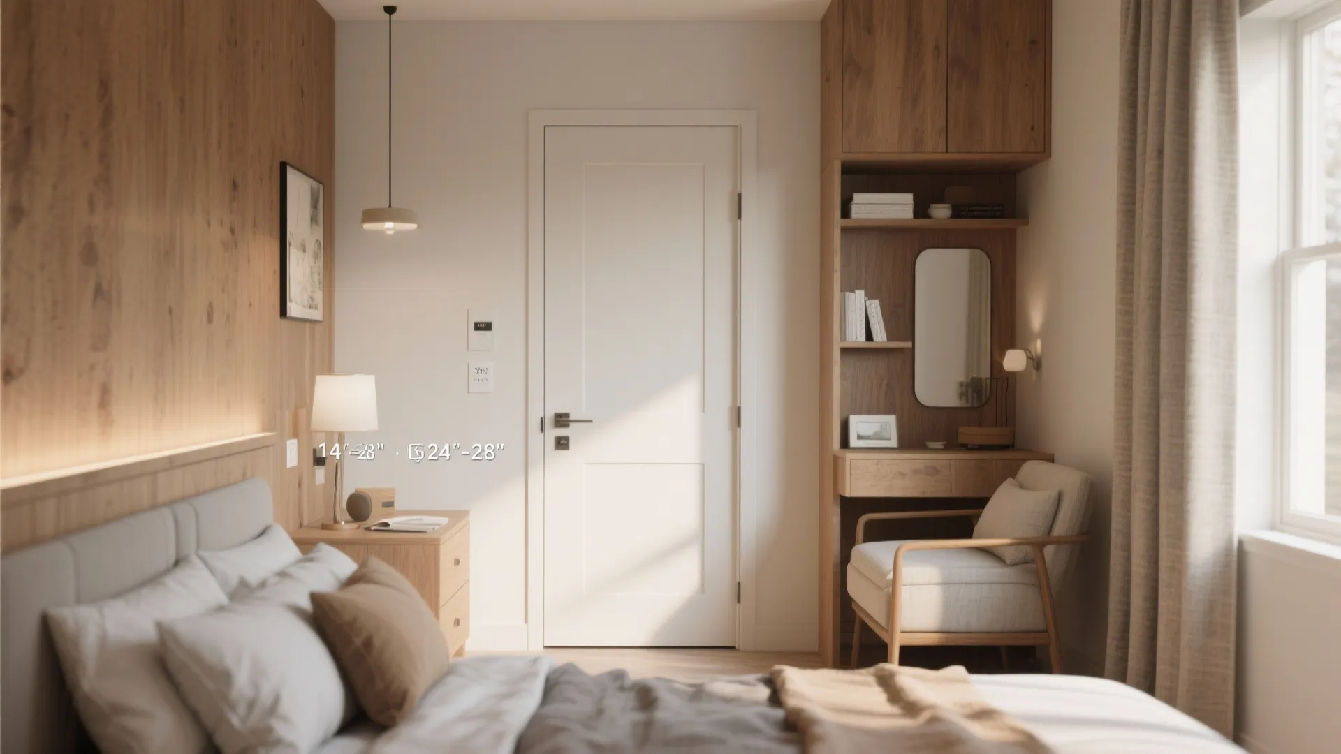 Modern bedroom with white door wood wall panels desk area small armchair and soft ceiling light