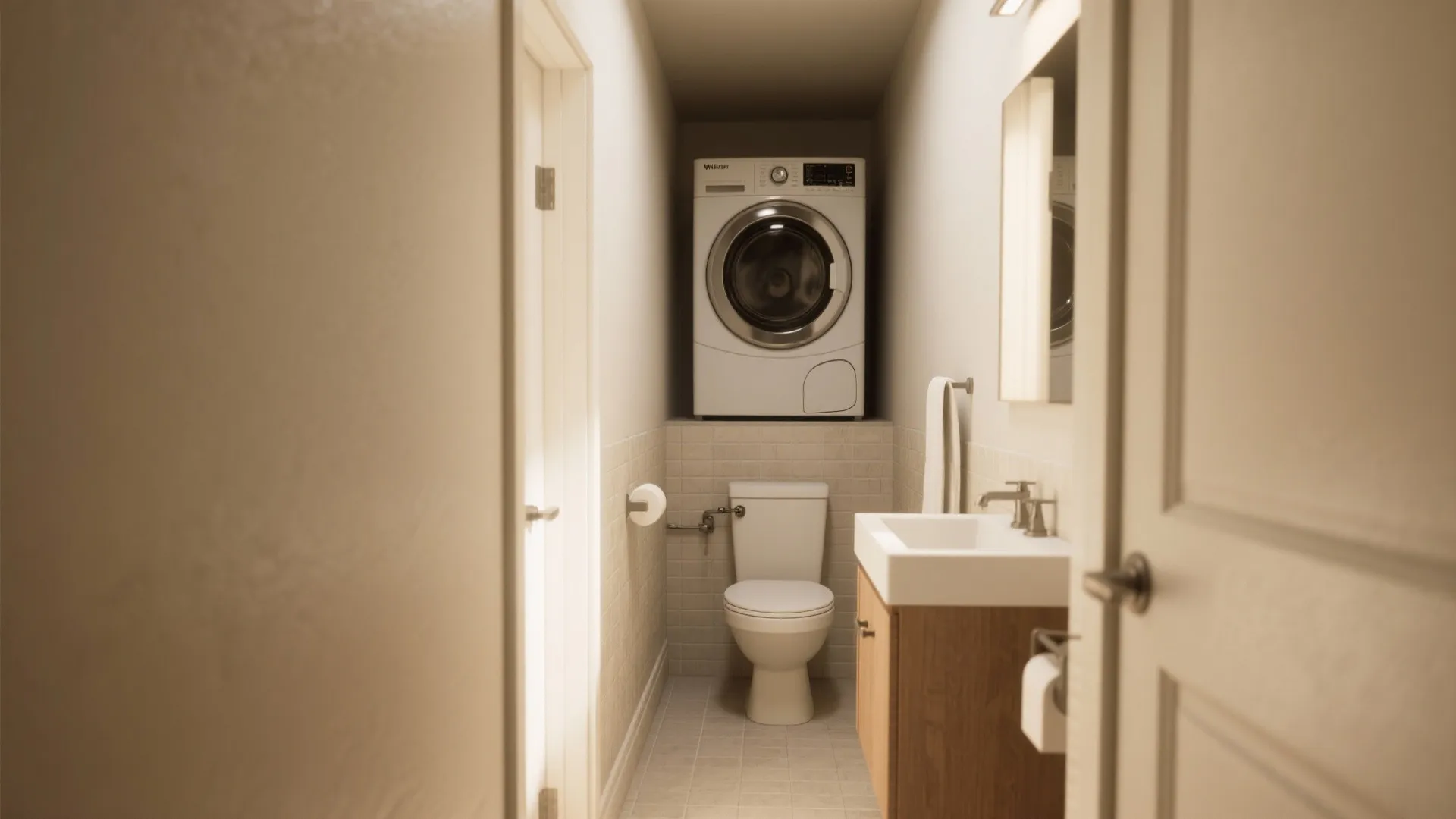 Compact powder room with a narrow 24-inch door and a dryer closet opposite the toilet.