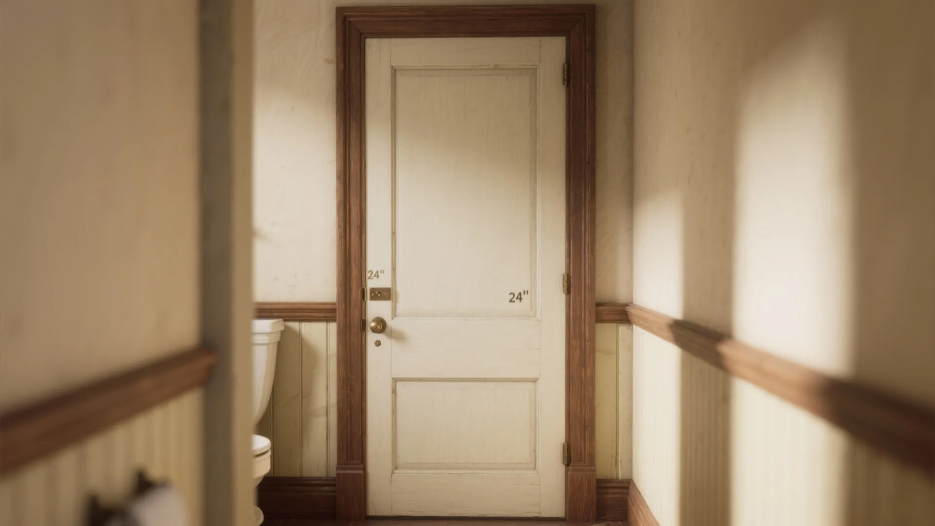 Closed white narrow bathroom door with brown wooden frame and twenty four inch width measurement labels