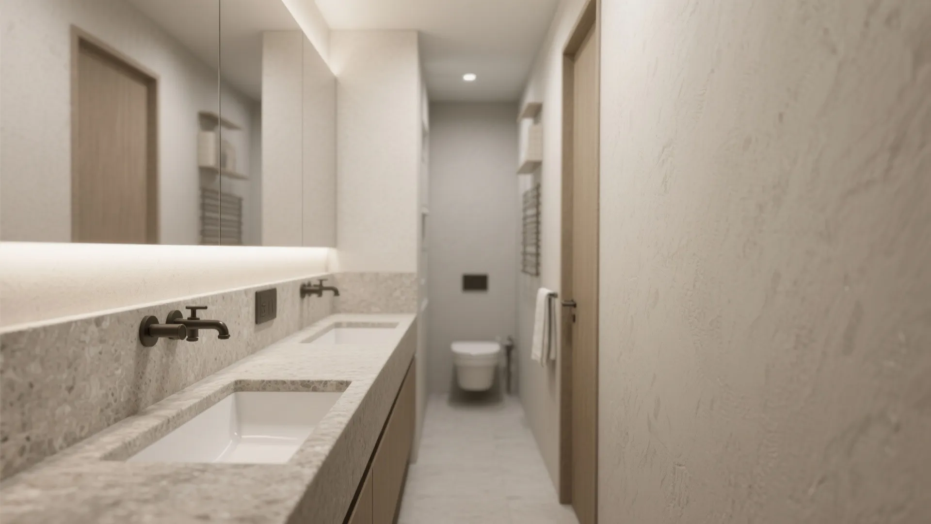 Long narrow bathroom featuring double sinks on a stone counter with a large lighted mirror