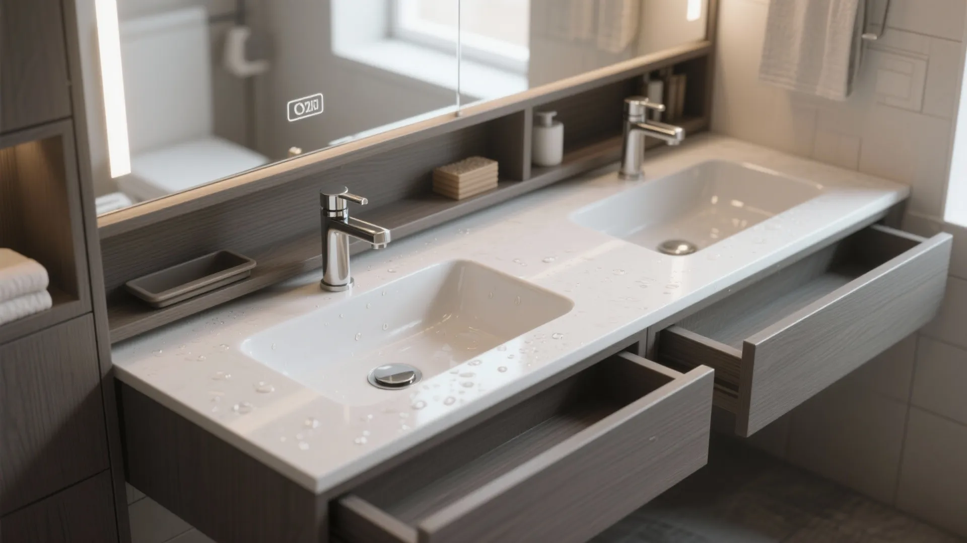 Close up of double sink vanity with open drawers and water droplets on white surface