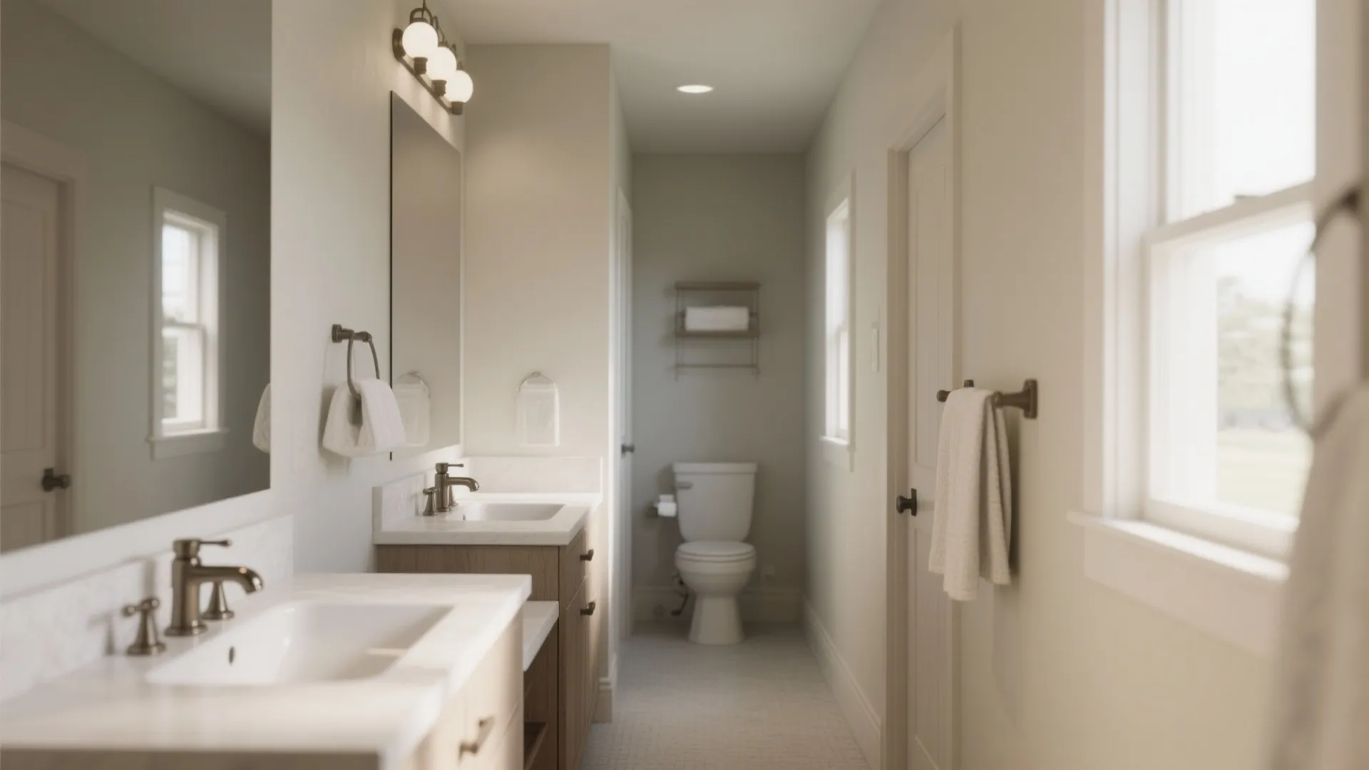 Long narrow bathroom interior with double sinks wooden cabinets white toilet and large wall mirror