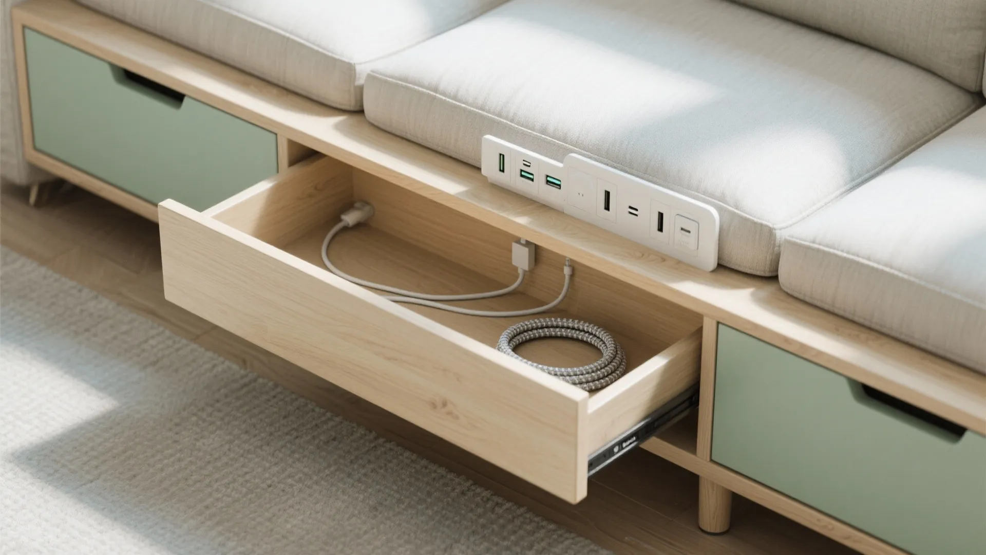 3. Narrow drawer table with built-in USB ports and cord channel