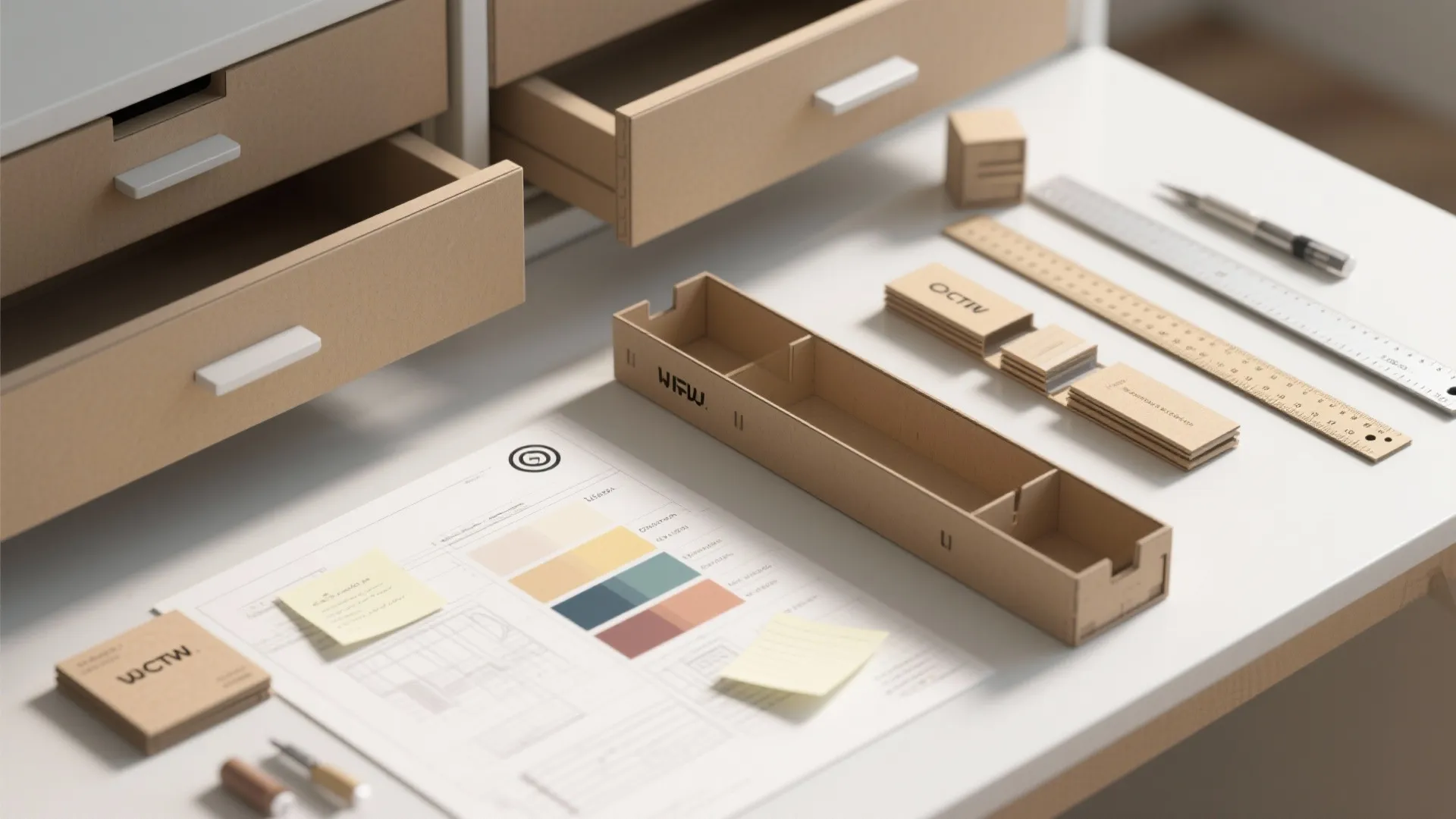 Modern white desk with open wooden drawers containing organizers next to rulers and color plans