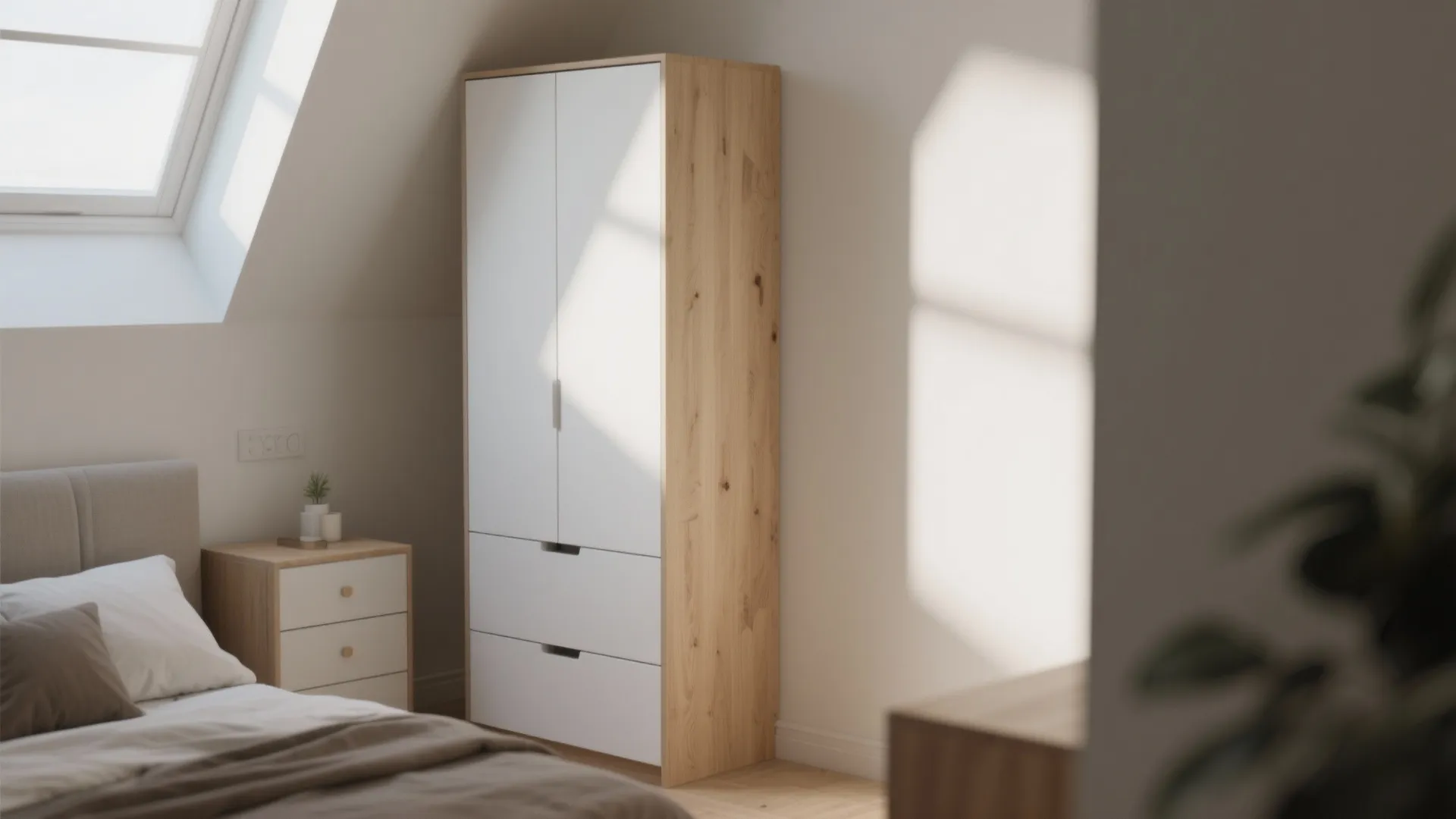 Minimalist white and wood cabinet standing in a bedroom with natural light from roof window