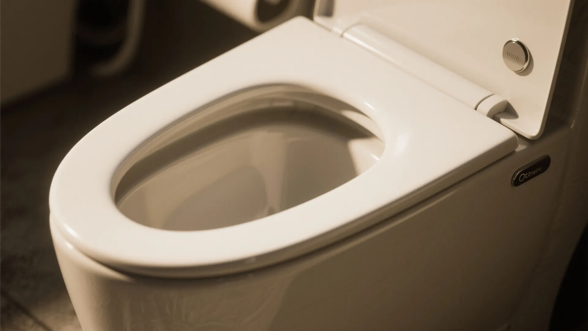 Close up view of modern white toilet seat with chrome flush button and warm lighting