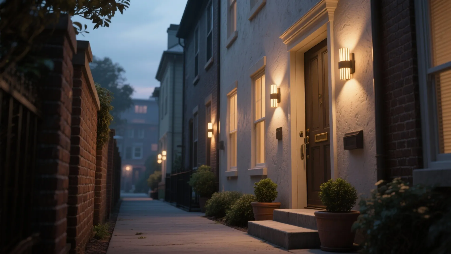 Narrow sidewalk path with many warm wall lights mounted on white houses during the evening time