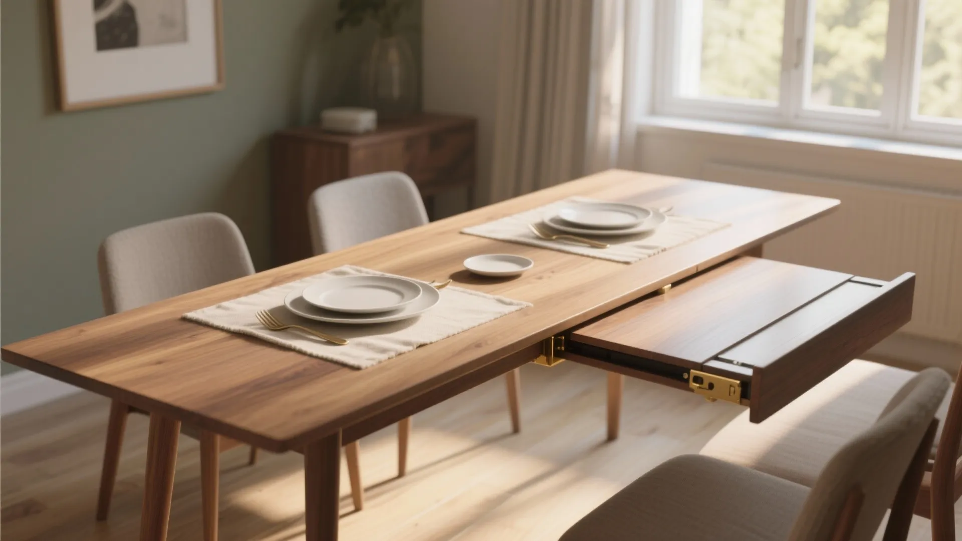 Modern wooden dining table with an extension leaf pulled out showing plates and several chairs