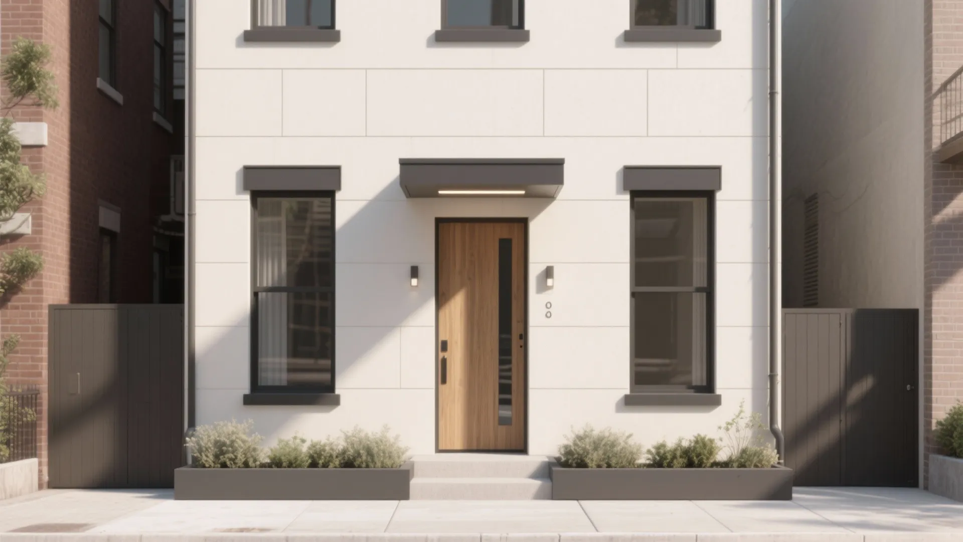 Modern white house exterior with a wooden door black windows green bushes and wall lights