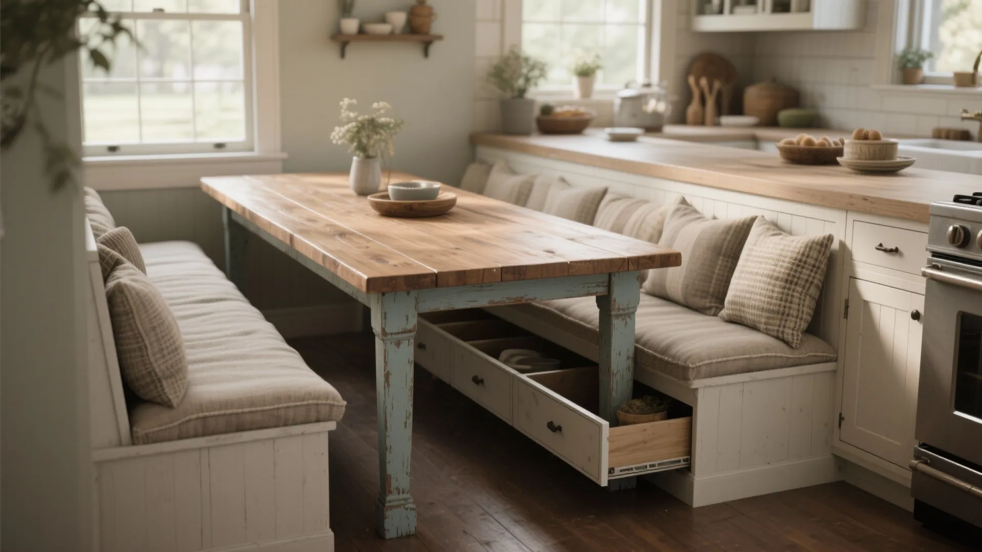 Rustic farmhouse kitchen with a large wooden table bench seating and drawers for extra storage space