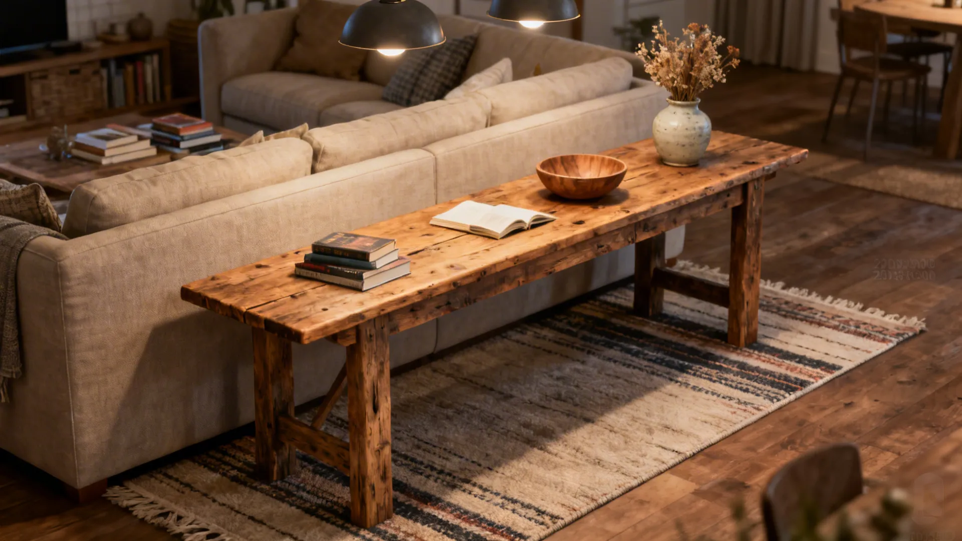 2. Narrow farmhouse table along the sofa