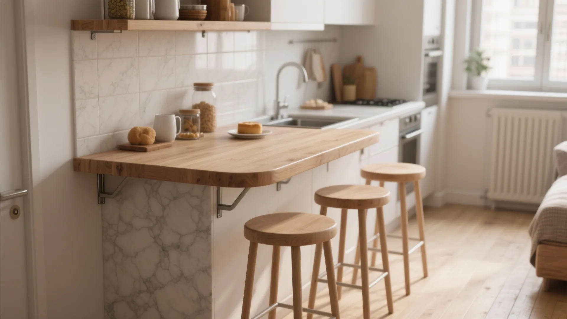 Wooden breakfast bar with three wooden stools attached to marble wall in a bright kitchen