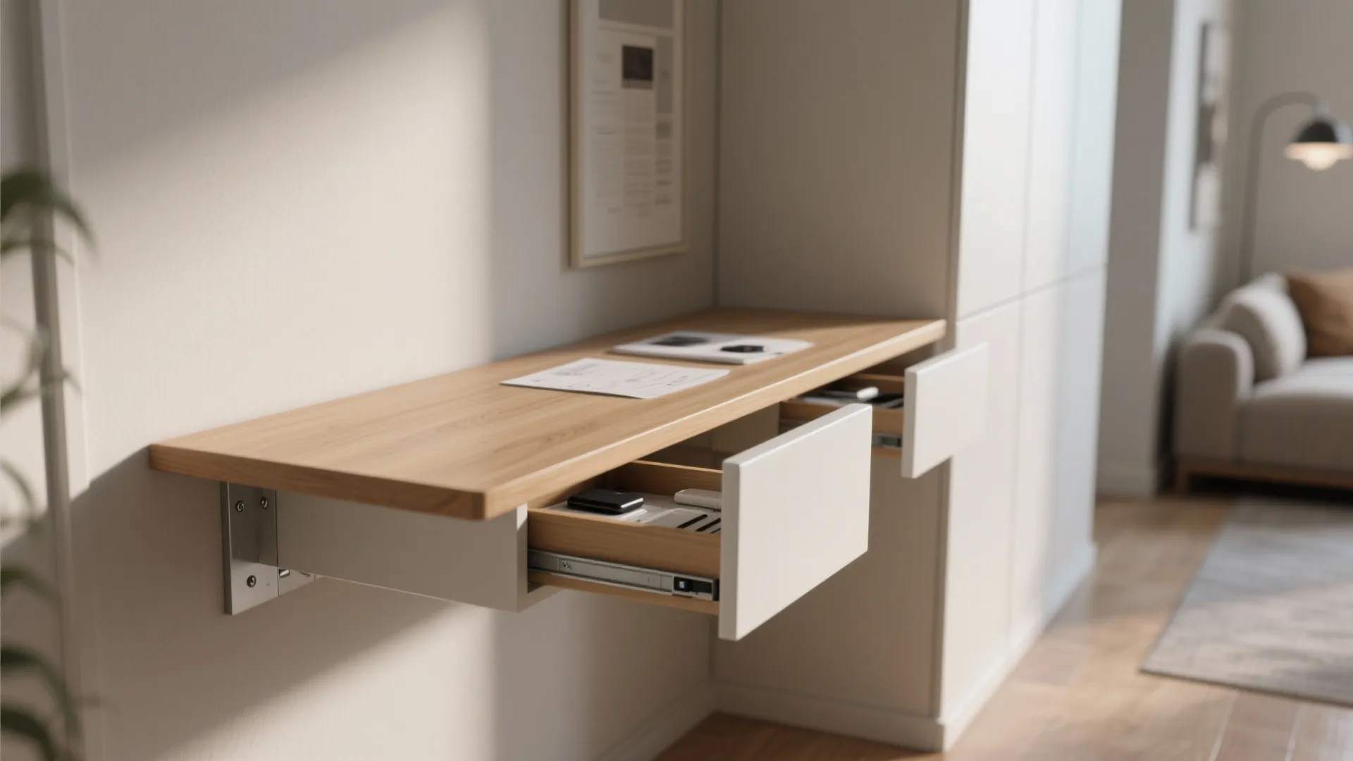 3. Narrow floating desk with integrated drawers