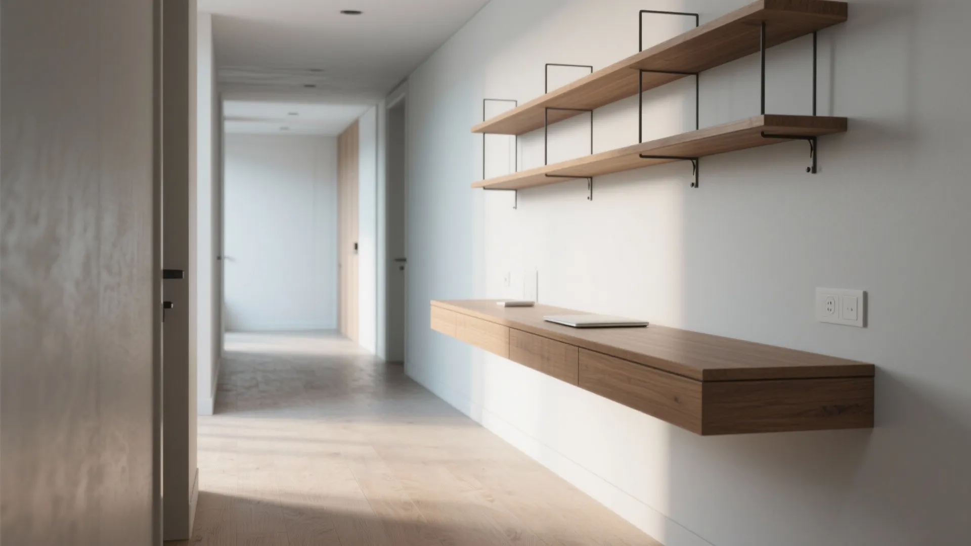 Minimalist hallway featuring long floating wooden wall desk with two open shelves and bright sunlight