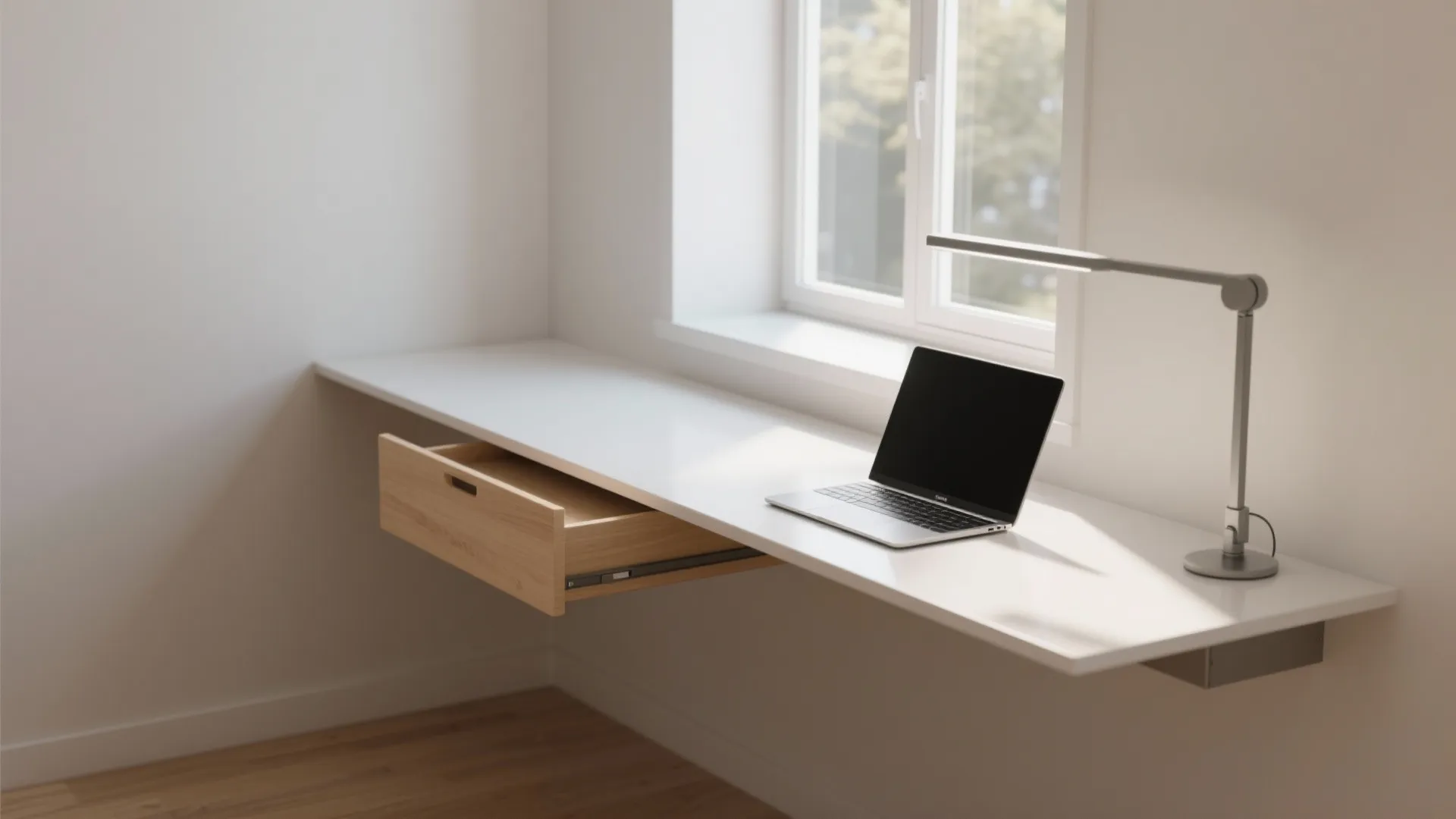 2. Narrow Floating Desk with Hidden Storage