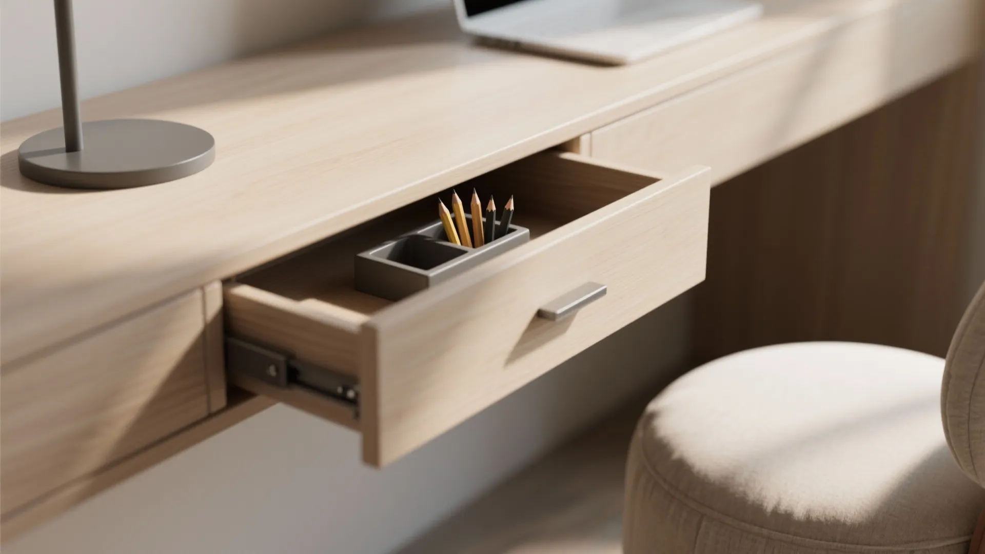 2. Narrow floating desk with hidden storage