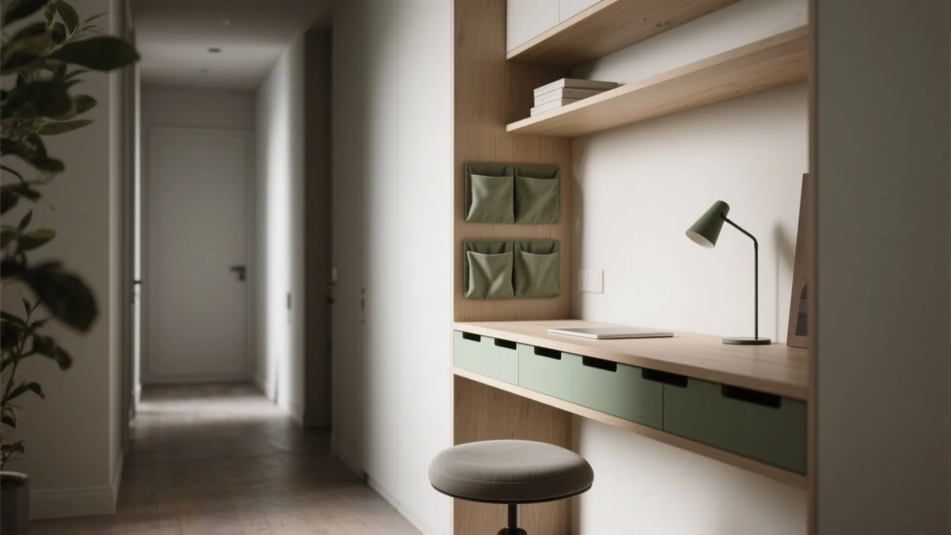 Narrow hallway workspace featuring a wooden desk, green drawers, wall shelves, and a grey stool