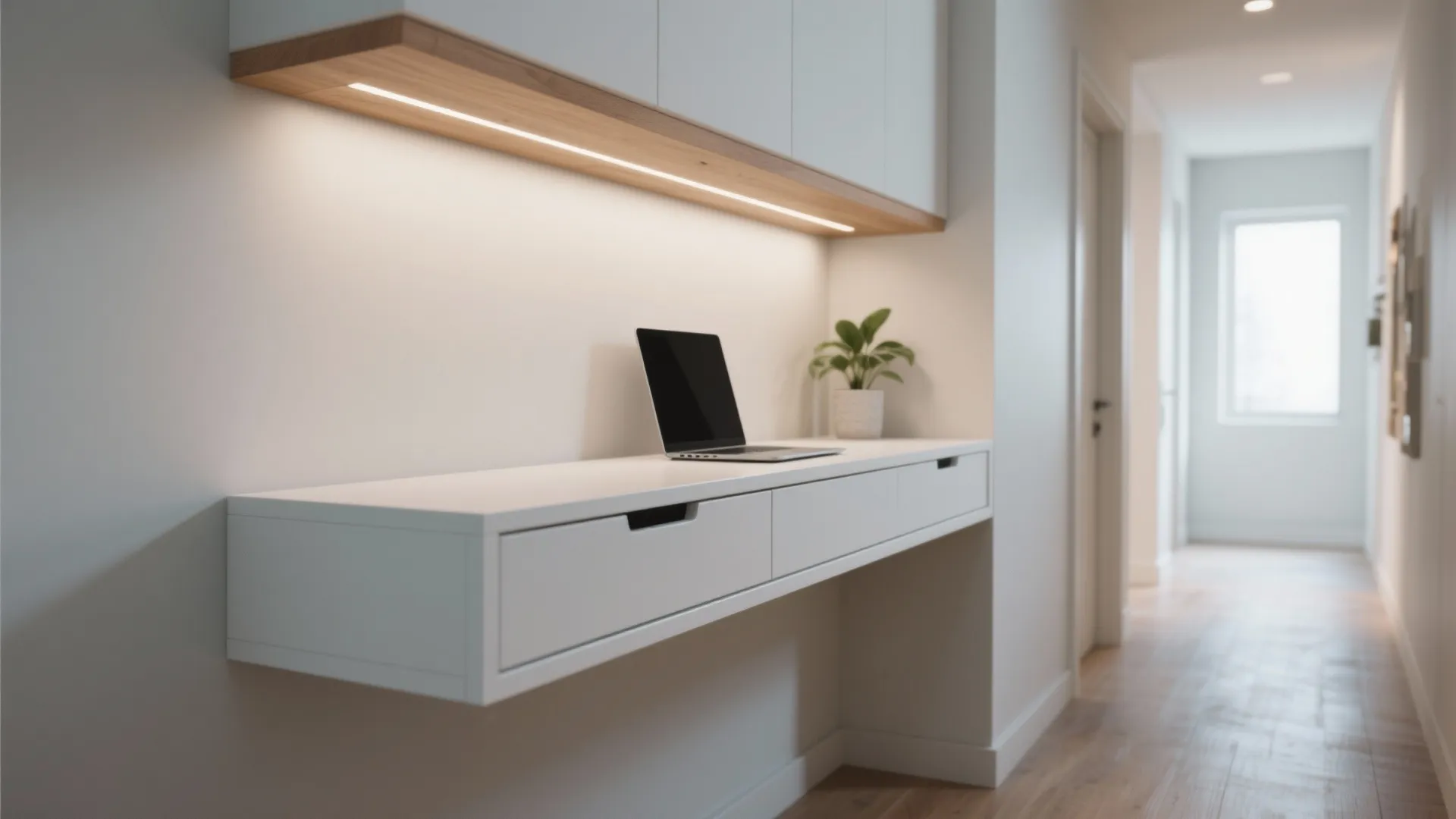 2. Narrow floating desk with integrated storage