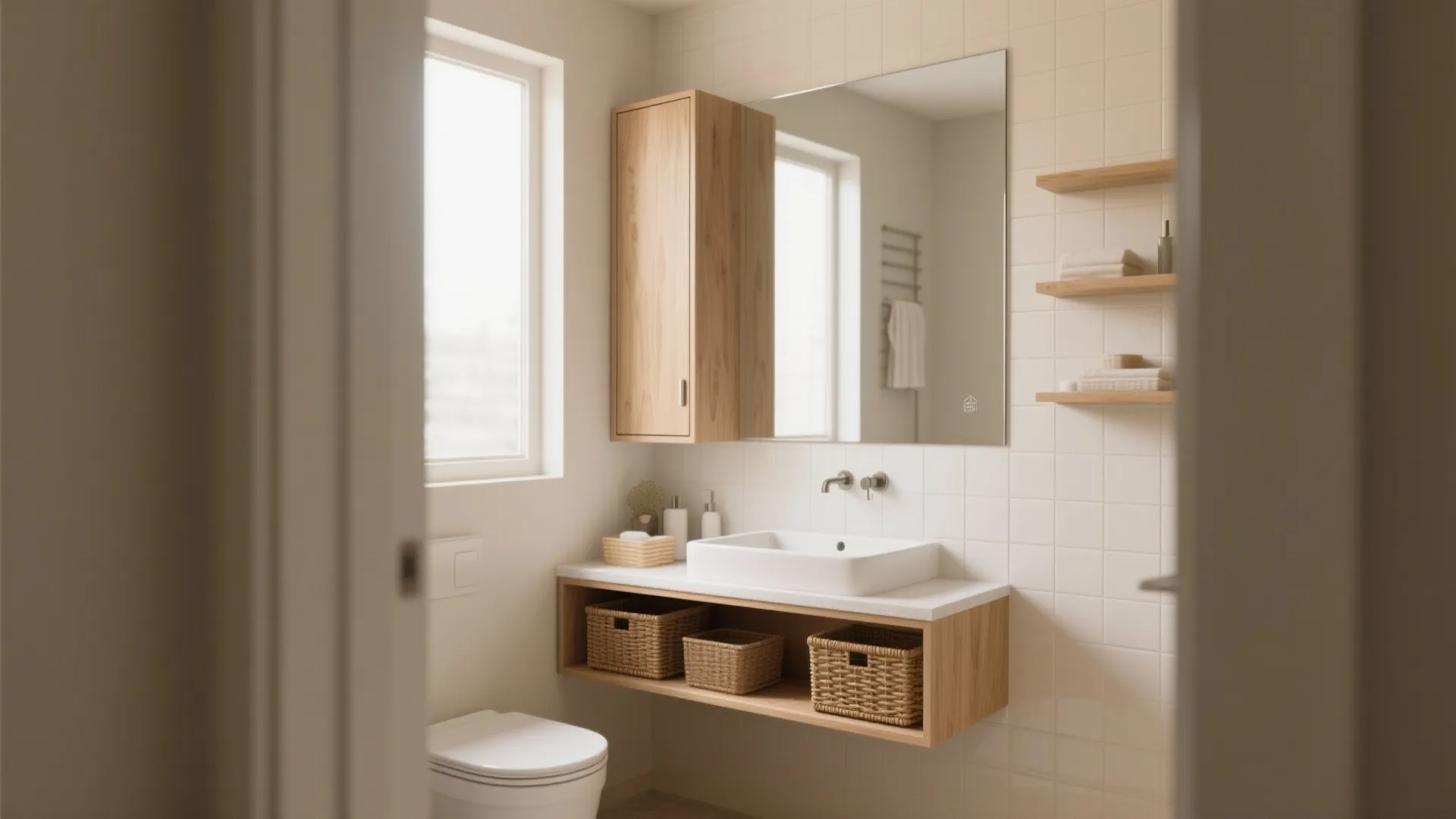 Bright bathroom with white sink wooden floating cabinet woven baskets large mirror and wall shelves
