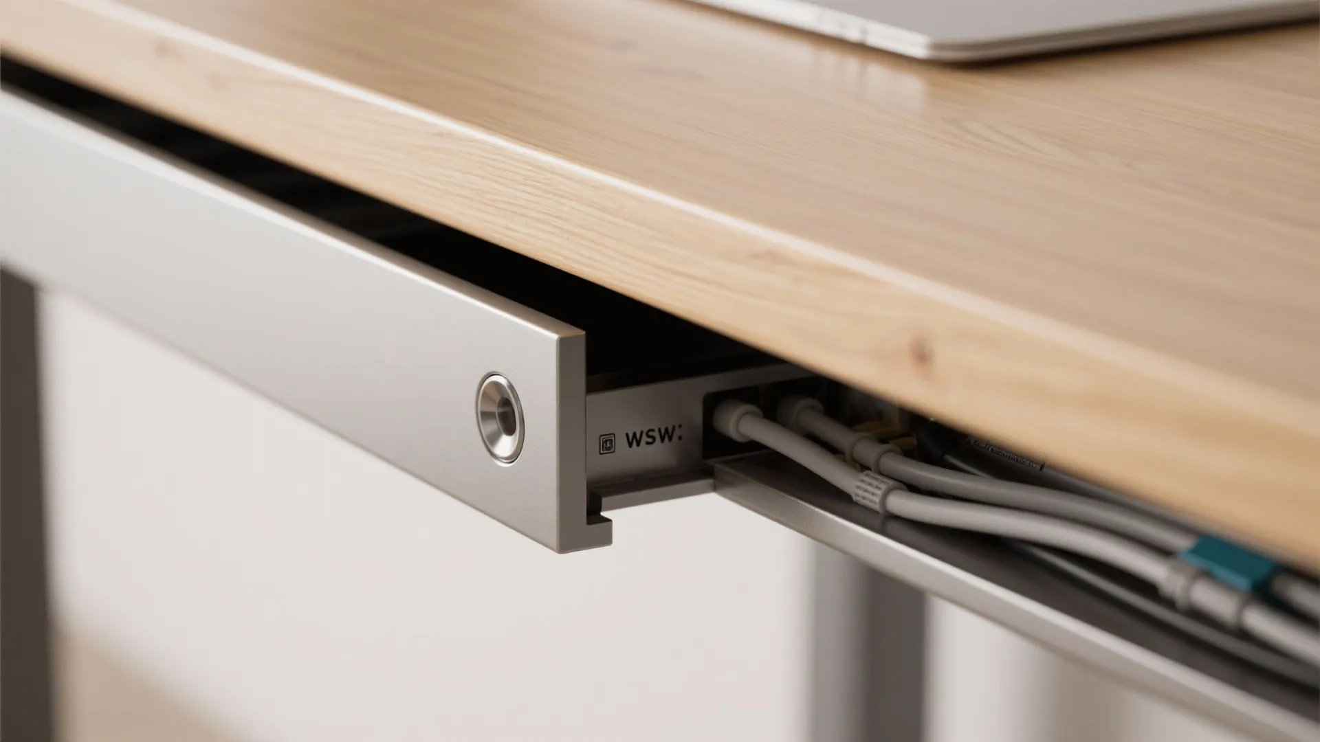 Close up of wooden desk edge with metal cable tray showing organized grey wires cords