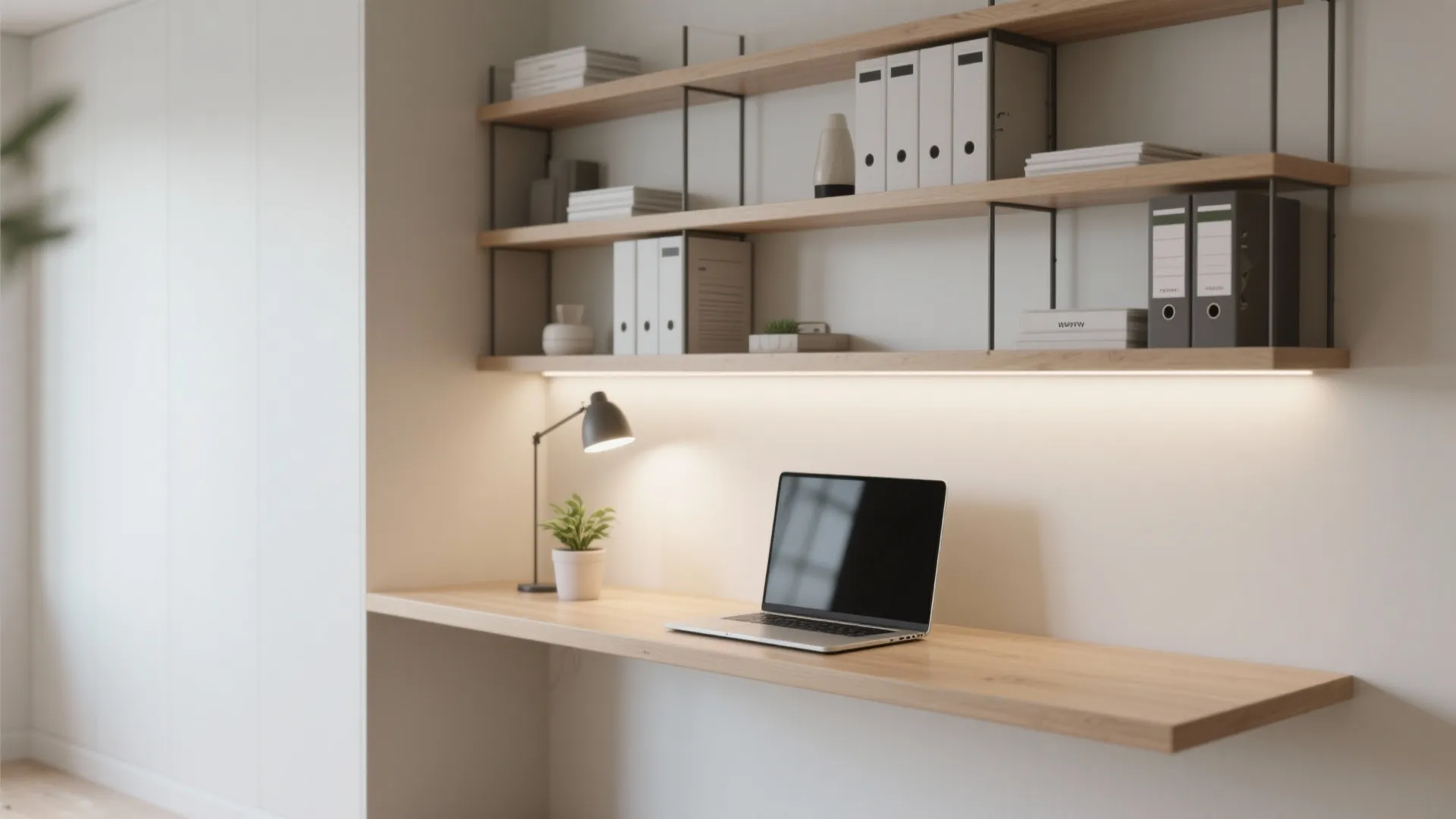 Narrow floating desk with shelves