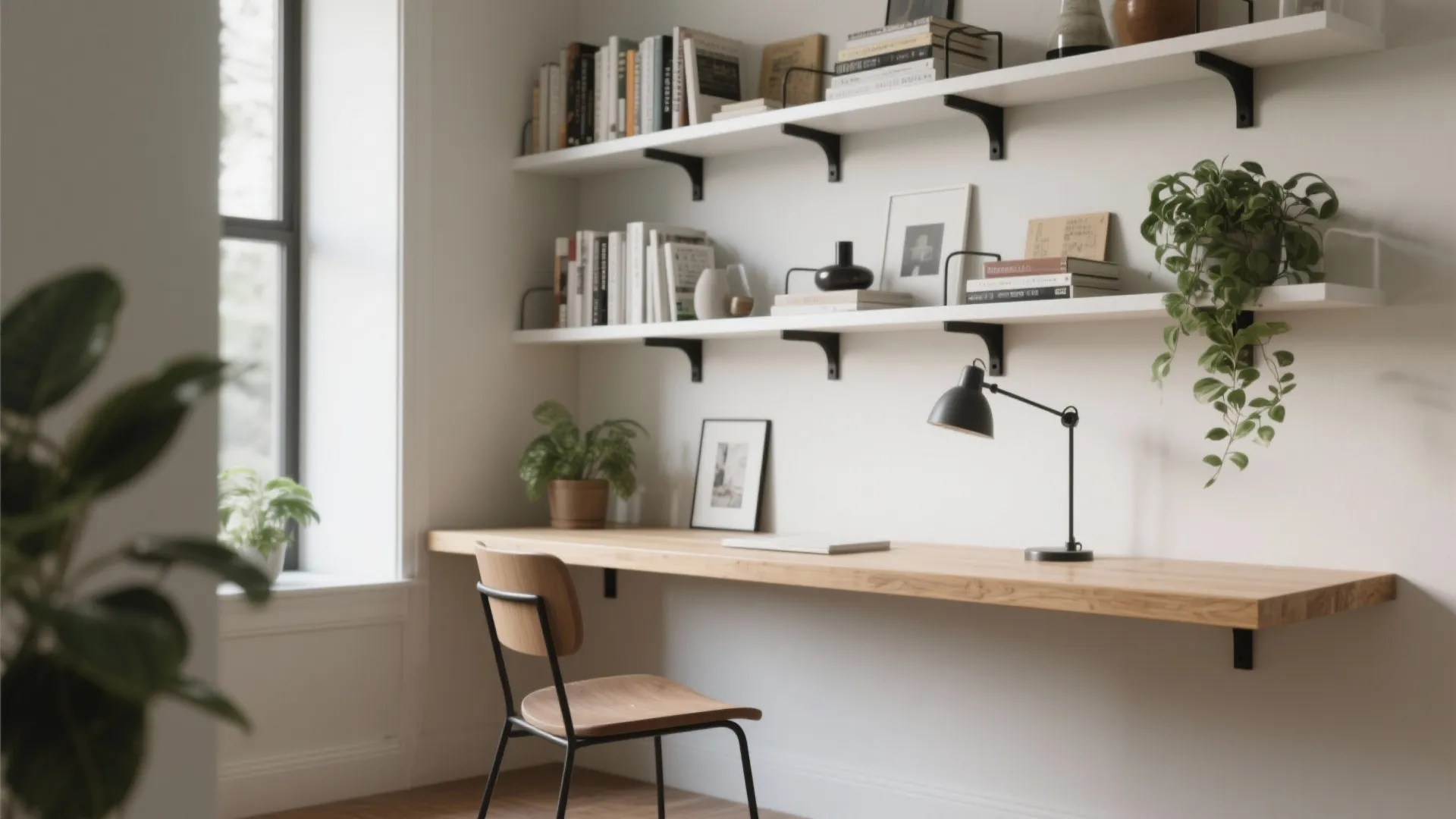 2. Narrow Floating Desk with Vertical Storage