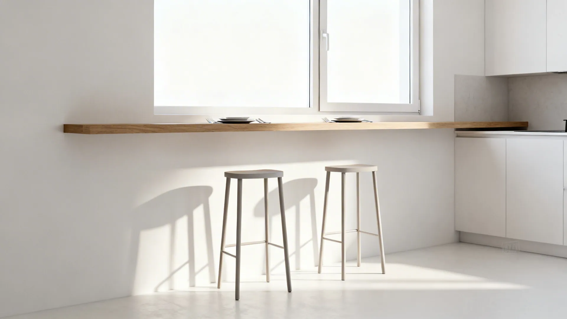 Slim floating shelf breakfast bar with two slim stools by a kitchen window