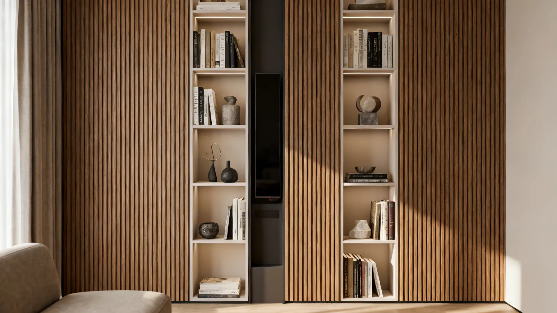Narrow floor-to-ceiling built-in shelves flanking a TV with minimal shelf depth