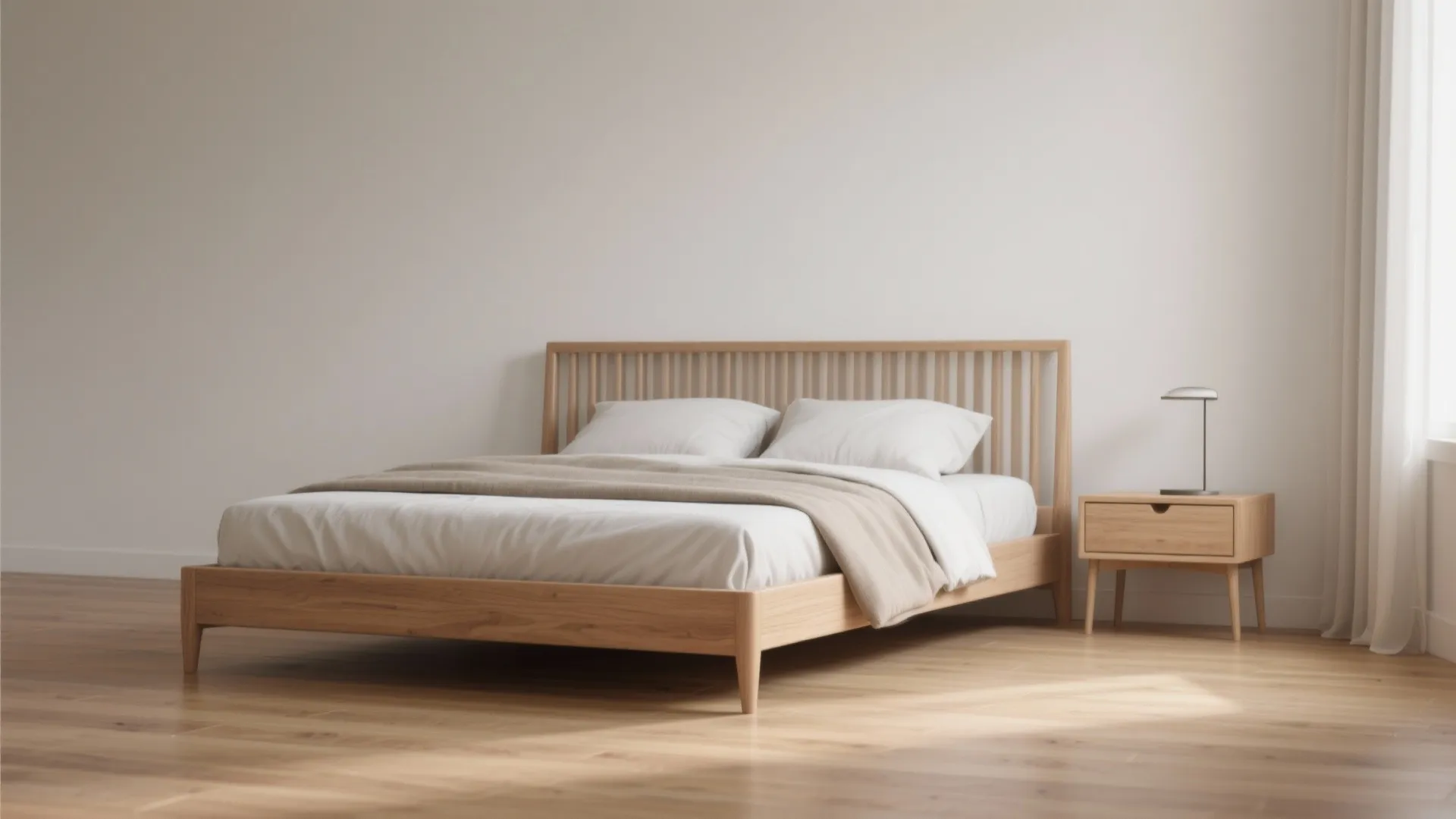 Queen bed with a narrow frame and low slatted wood headboard in a bright, minimal small bedroom.