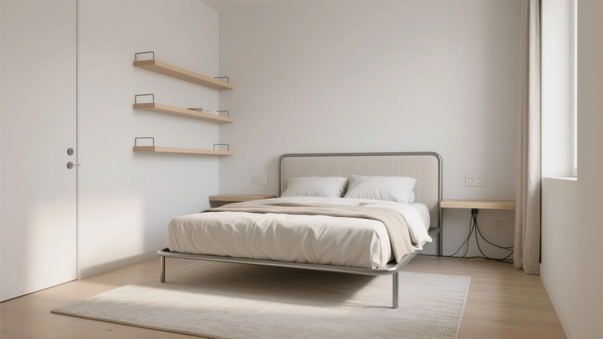 Narrow-frame queen bed with floating wall shelves and a pale rug in a bright small bedroom.