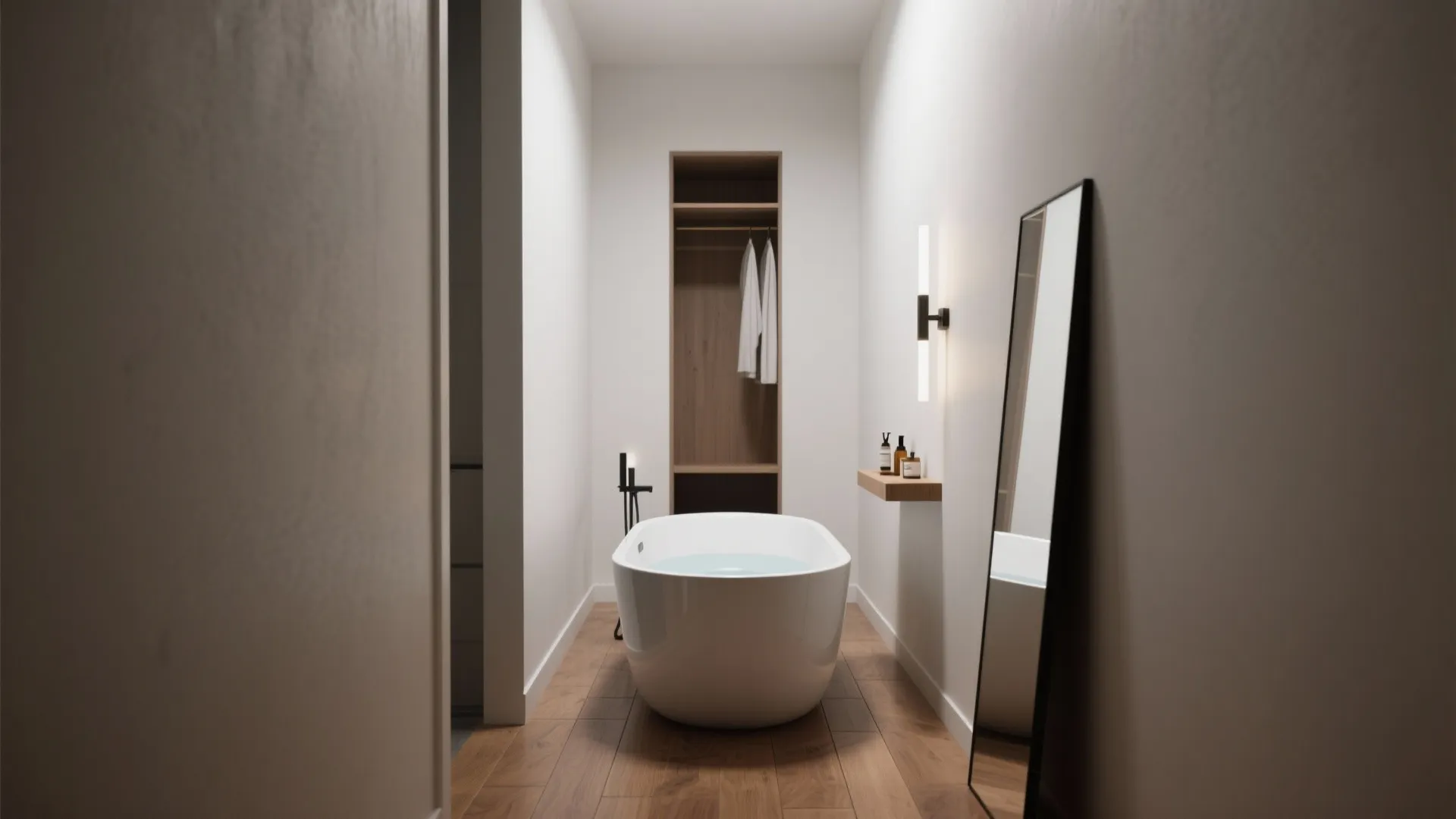 Slim deep freestanding tub in a linear nook with minimalist styling and warm accents.