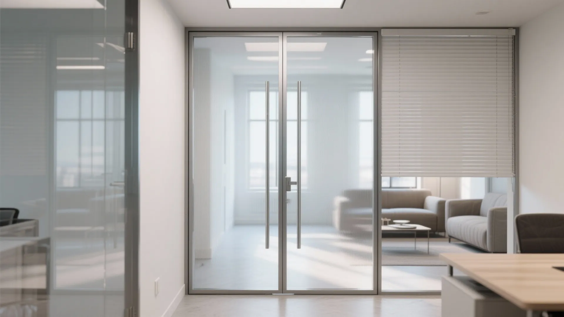 Modern office interior with glass double doors long metal handles white blinds and grey sofa