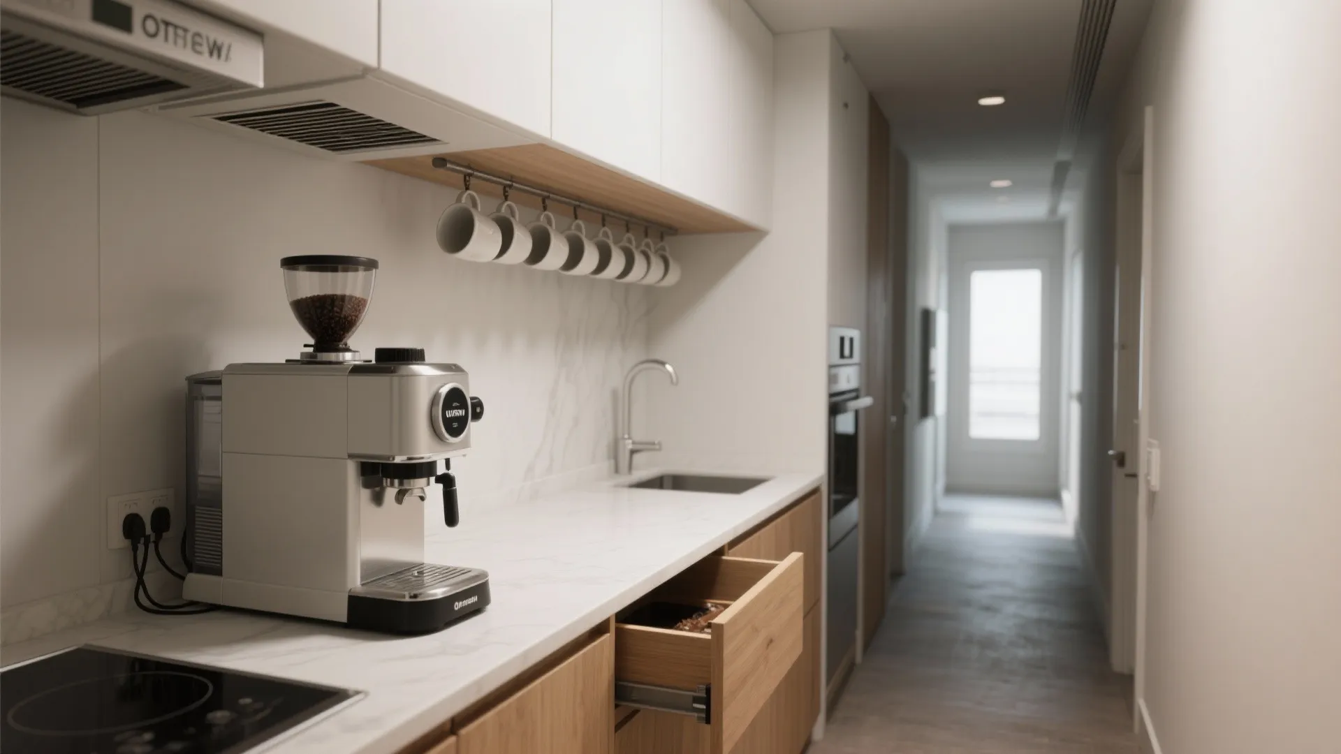 Modern galley kitchen with coffee machine wooden cabinets white marble countertop and long narrow hallway view