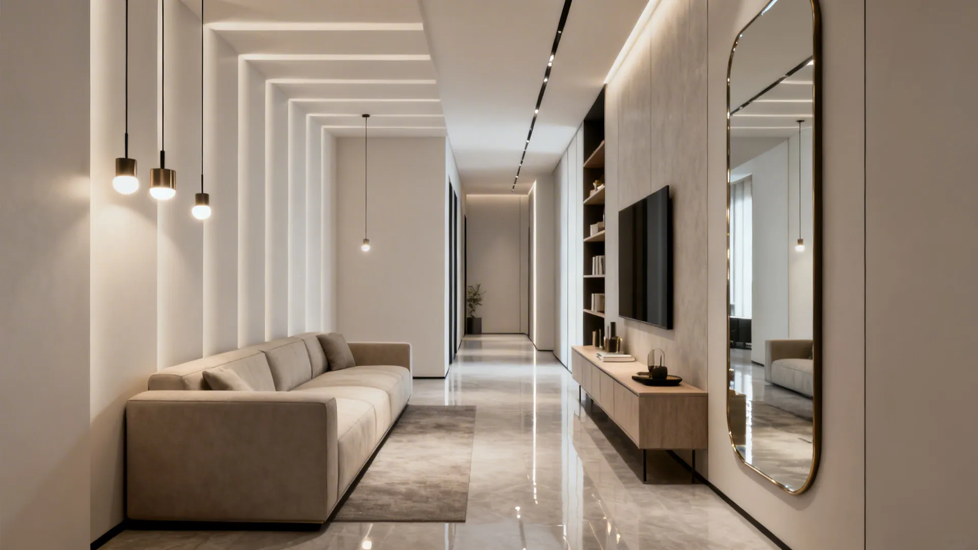 Long narrow living room with low-profile sofa, staggered lighting and a mirror to widen space.