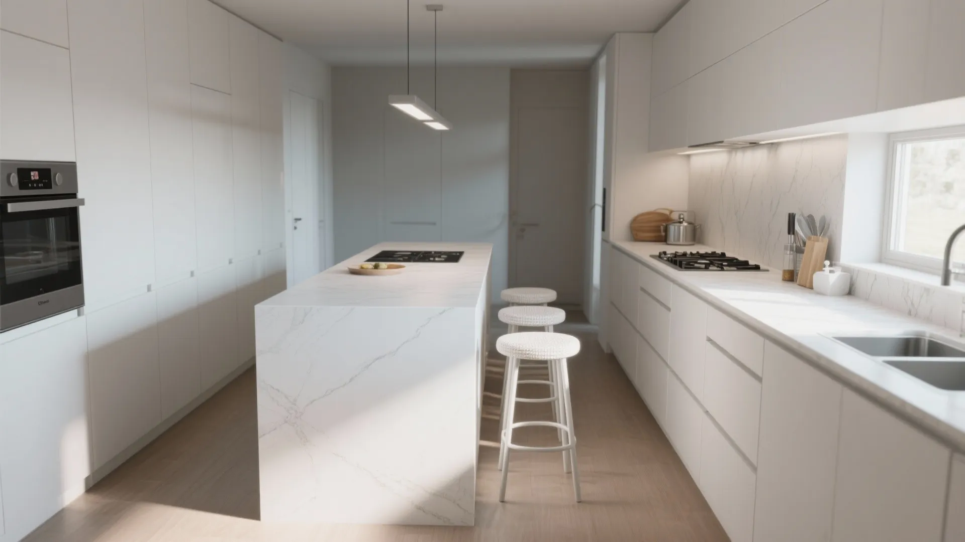 Modern white kitchen with marble island stools wooden floor built in oven and ceiling light