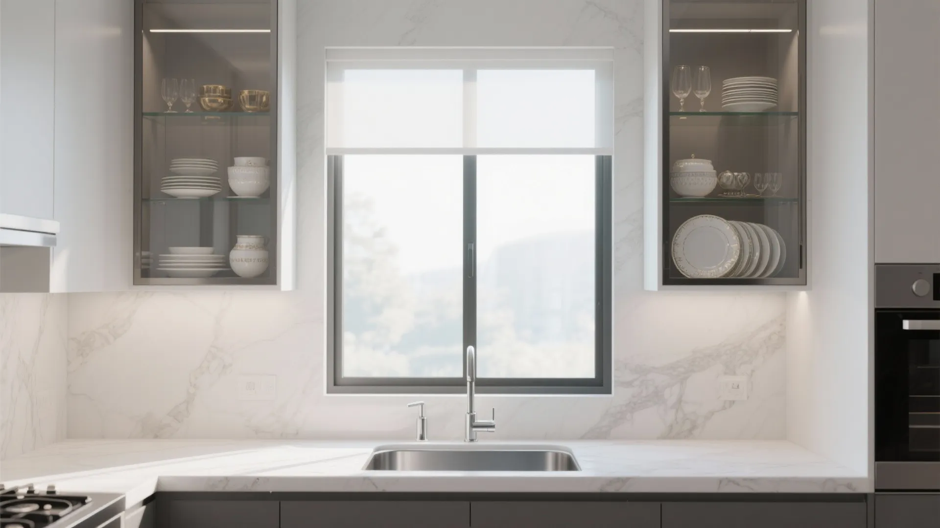 Modern white kitchen with marble walls glass cabinets sink and window with a white blind