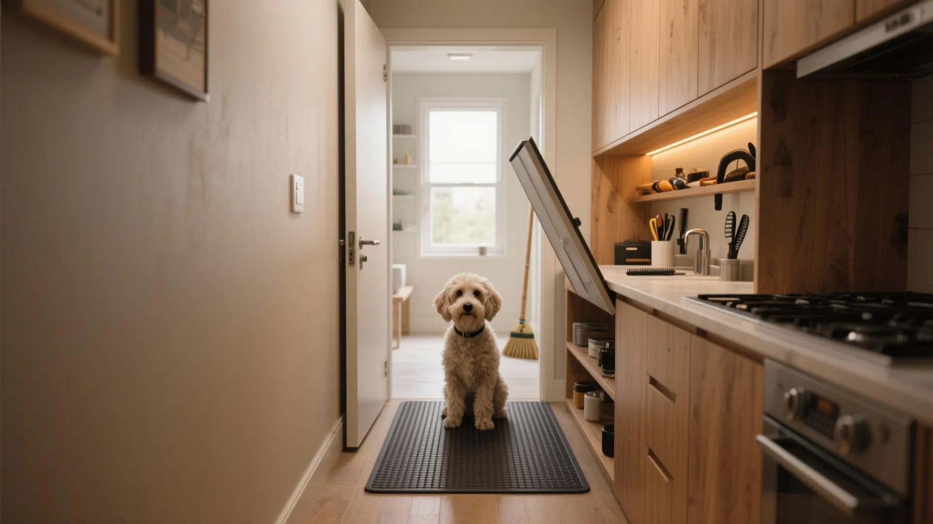 Small dog sitting in narrow hallway with wood cabinets and fold-out grooming table in view